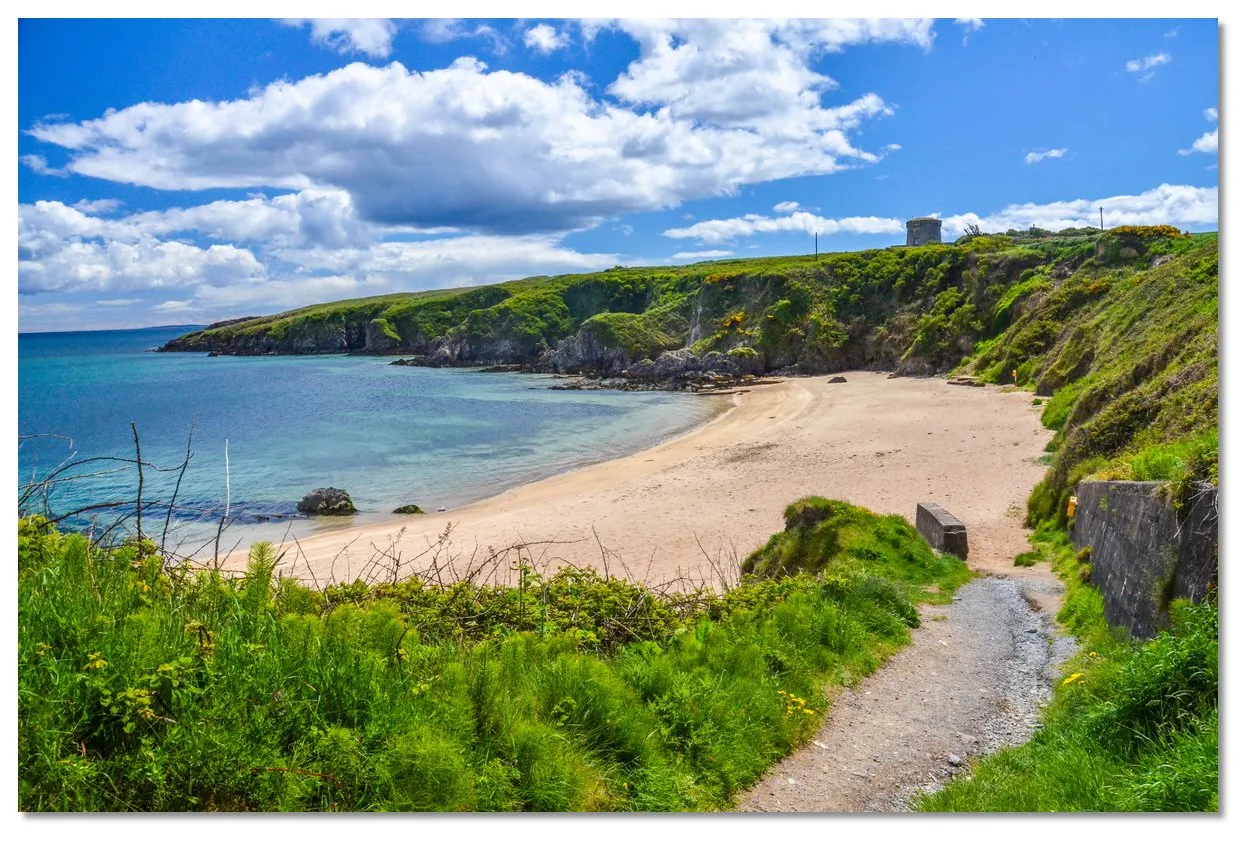 Baginbun beach: a sheltered horseshoe of pale sand enclosed by green headlands, with a path leading down through the grass.