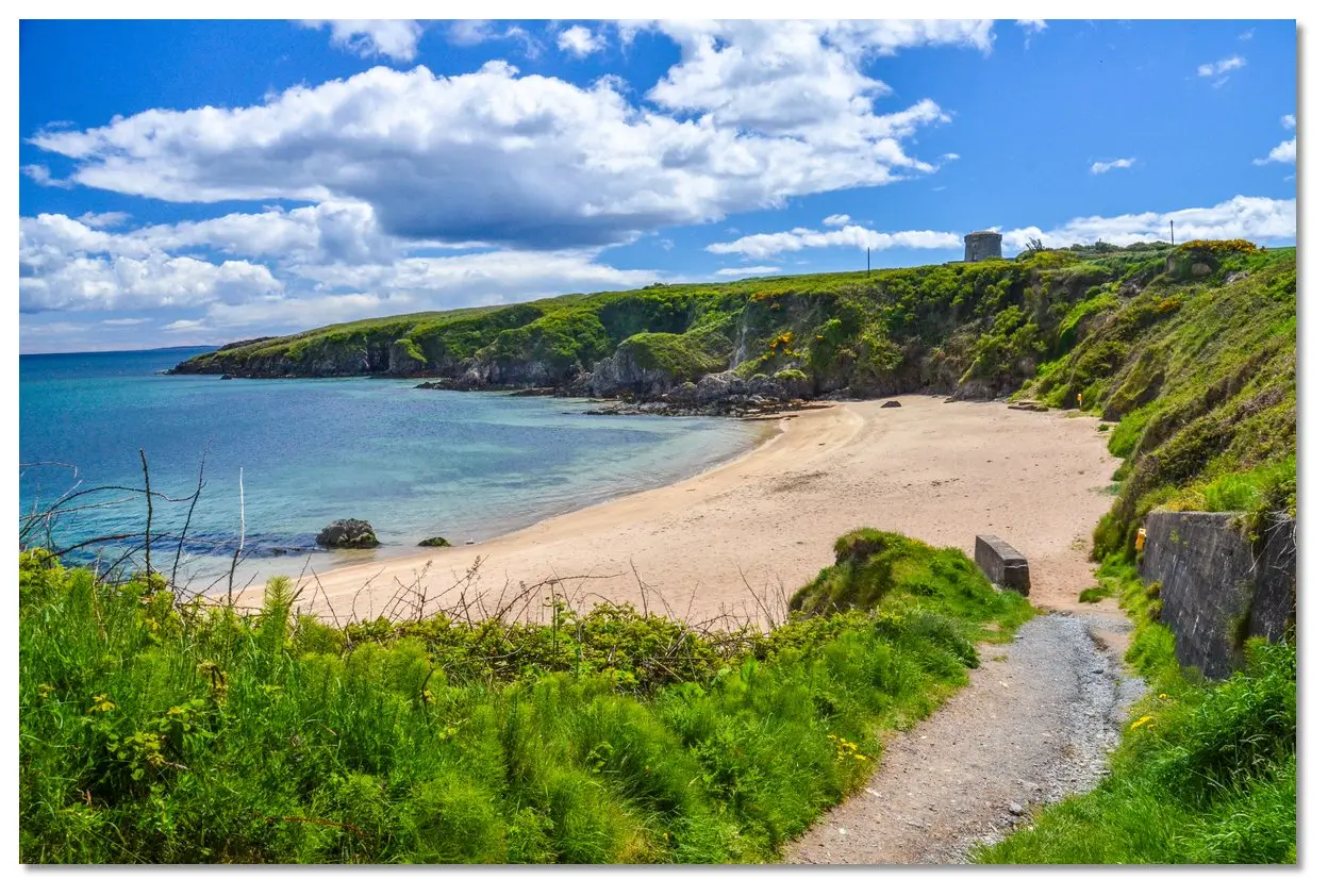 Baginbun beach: a sheltered horseshoe of pale sand between green headlands, with a path running down to it.